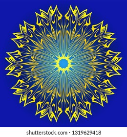 Decorative Round Ornament Mandala From Floral Elements. Vector Illustration. Oriental Pattern. Indian, Moroccan, Mystic, Ottoman Motifs. Anti-Stress Therapy Pattern. Blue, yellow color.