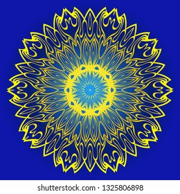 Decorative Round Ornament Mandala From Floral Elements. Vector Illustration. Oriental Pattern. Indian, Moroccan, Mystic, Ottoman Motifs. Anti-Stress Therapy Pattern. Blue, yellow color.