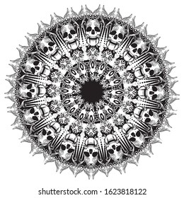 Decorative round ornament with skulls and florals, vintage mandala design.