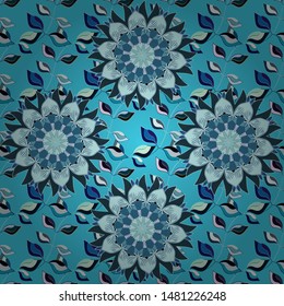 Decorative round ornament. Unusual flower shape oriental line. Anti-stress therapy pattern. Yoga logo, background for meditation poster. Vector outline Mandala on neutral, blue and green colors.
