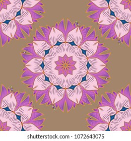 Decorative round ornament. Vector outline Mandala on beige, neutral, violet, pink and yellow colors. Yoga logo, background for meditation poster. Weave design element. Anti-stress therapy pattern.