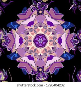 Decorative round ornament. Vector outline Mandala on violet, black and neutral colors. Yoga logo, background for meditation poster. Unusual flower shape oriental line. Anti-stress therapy pattern.
