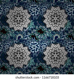 Decorative round ornament. Yoga logo, background for meditation poster. Vector outline Mandala on blue, black and white colors. Unusual. Anti-stress therapy pattern. Weave design element.