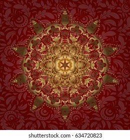 Decorative round ornament. Yoga logo, background for meditation poster. Vector outline Mandala on red background. Anti-stress therapy pattern. Weave design element. Unusual shape oriental line.