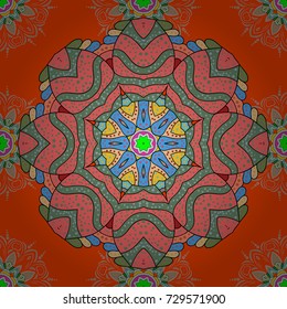 Decorative round ornament. Yoga logo, background for meditation poster. Anti-stress therapy pattern. Weave design element. Vector outline Mandala on orange background. Unusual flower shape oriental.