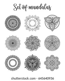 Decorative round ornaments anti-stress therapy. Set of mandalas for coloring book. Yoga logos, backgrounds for poster