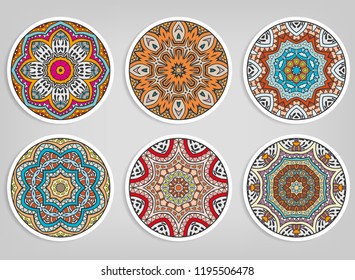 Decorative round ornaments set, isolated elements. Colorful mandala, stylized flower. Abstract geometric doodle patterns for plate decoration, fabric print,  business or greeting card design