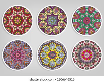 Decorative round ornaments set, isolated elements. Colorful mandala, stylized flower. Abstract geometric doodle patterns for plate decoration, fabric print,  business or greeting card design