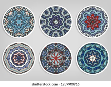 Decorative round ornaments set, isolated elements. Colorful mandala, stylized flower. Abstract geometric doodle patterns for plate decoration, fabric print,  business or greeting card design
