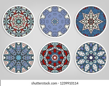 Decorative round ornaments set, isolated elements. Colorful mandala, stylized flower. Abstract geometric doodle patterns for plate decoration, fabric print,  business or greeting card design