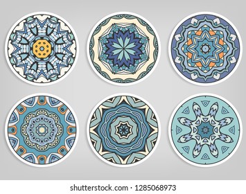 Decorative round ornaments set, isolated elements. Colorful mandala, stylized flower. Abstract geometric doodle patterns for plate decoration, fabric print,  business or greeting card design