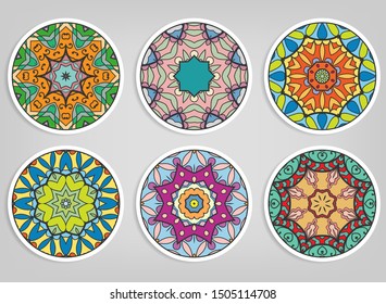 Decorative round ornaments set, isolated elements. Colorful mandala, stylized flower. Abstract geometric doodle patterns for plate decoration, fabric print,  business or greeting card design