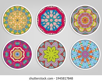 Decorative round ornaments set, isolated elements. Colorful mandala, stylized flower. Abstract geometric doodle patterns for plate decoration, fabric print,  business or greeting card design