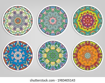 Decorative round ornaments set, isolated elements. Colorful mandala, stylized flower. Abstract geometric doodle patterns for plate decoration, fabric print,  business or greeting card design