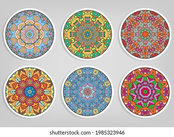 Decorative round ornaments set, isolated elements. Colorful mandala, stylized flower. Abstract geometric doodle patterns for plate decoration, fabric print,  business or greeting card design