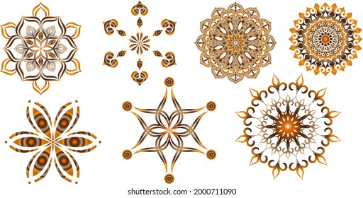 Dekorative runde Ornamente, einzelne Elemente. Farbige Mandala, stylisierte Blume. Abstrakte geometrische Doodle-Muster für Plattendekoration, Stoffdruck, Design von Geschäfts- oder Grußkarten