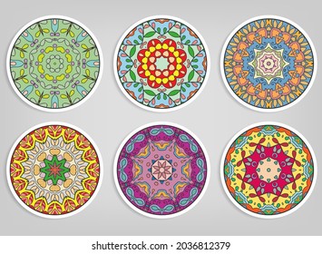 Decorative round ornaments set, isolated elements. Colorful mandala, stylized flower. Abstract geometric doodle patterns for plate decoration, fabric print,  business or greeting card design