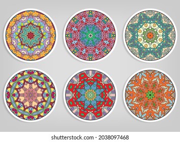 Decorative round ornaments set, isolated elements. Colorful mandala, stylized flower. Abstract geometric doodle patterns for plate decoration, fabric print,  business or greeting card design