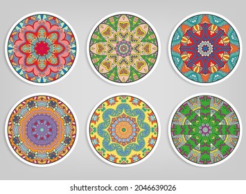 Decorative round ornaments set, isolated elements. Colorful mandala, stylized flower. Abstract geometric doodle patterns for plate decoration, fabric print,  business or greeting card design