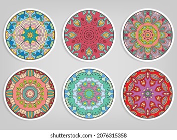 Decorative round ornaments set, isolated elements. Colorful mandala, stylized flower. Abstract geometric doodle patterns for plate decoration, fabric print,  business or greeting card design