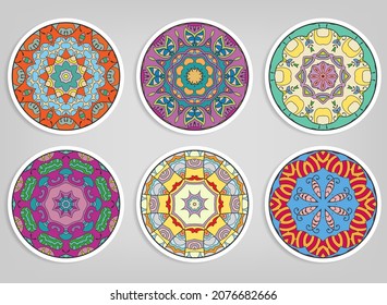 Decorative round ornaments set, isolated elements. Colorful mandala, stylized flower. Abstract geometric doodle patterns for plate decoration, fabric print,  business or greeting card design