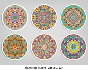 Decorative round ornaments set, isolated elements. Colorful mandala, stylized flower. Abstract geometric doodle patterns for plate decoration, fabric print,  business or greeting card design