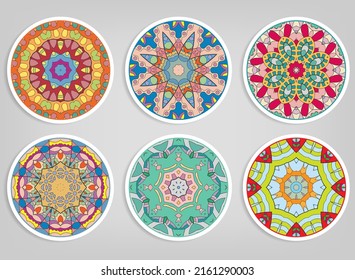 Decorative round ornaments set, isolated elements. Colorful mandala, stylized flower. Abstract geometric doodle patterns for plate decoration, fabric print,  business or greeting card design