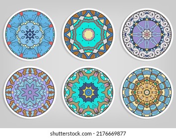 Decorative round ornaments set, isolated elements. Colorful mandala, stylized flower. Abstract geometric doodle patterns for plate decoration, fabric print,  business or greeting card design