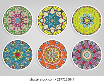 Decorative round ornaments set, isolated elements. Colorful mandala, stylized flower. Abstract geometric doodle patterns for plate decoration, fabric print,  business or greeting card design