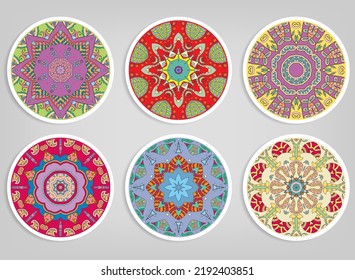Decorative round ornaments set, isolated elements. Colorful mandala, stylized flower. Abstract geometric doodle patterns for plate decoration, fabric print,  business or greeting card design