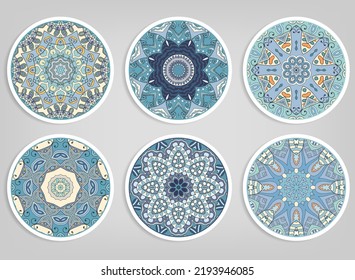 Decorative round ornaments set, isolated elements. Colorful mandala, stylized flower. Abstract geometric doodle patterns for plate decoration, fabric print,  business or greeting card design