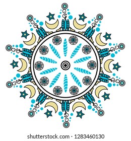 Decorative round ornaments.Design element, circle with decorative pattern. Moon and stars.
