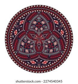 Decorative round Palestinian Tatreez design element over white background, vector illustration