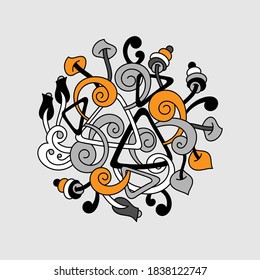 Decorative round pattern in Doodle style, Halloween theme. Hand-drawn abstract design. Triangles, swirls, stylized elements.