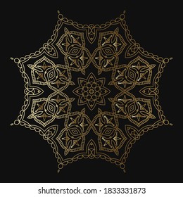 Decorative Round Pattern of gold color on a black background. Ornamental pattern for cafe, restaurant, shop, print, stamp, elegant card. wedding invitations; Isolated element. Vector