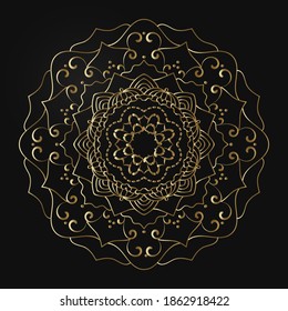 Decorative Round Pattern of gold color on a black background. Ornamental pattern for cafe, restaurant, shop, print, stamp, elegant card. wedding invitations; Isolated element. Vector	