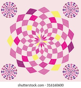 Decorative round patterns on a pink background, circle from the set of rhombuses, shading pencil