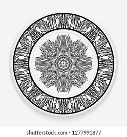 Decorative round plate with mandala from floral elements. Vector illustration. Home decor, interior design.