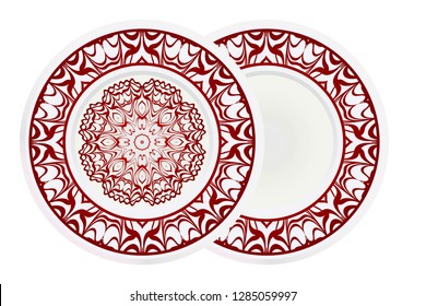 Decorative round plate with mandala from floral elements. Vector illustration. Home decor, interior design. Set of 2 matching decorative plates for interior design