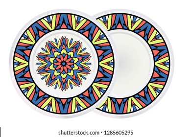 Decorative round plate with mandala from floral elements. Vector illustration. Home decor, interior design. Set of 2 matching decorative plates for interior design