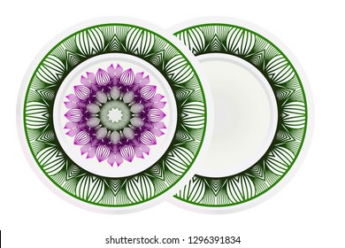 Decorative round plate with mandala from floral elements. Vector illustration. Home decor, interior design. Set of 2 matching decorative plates for interior design