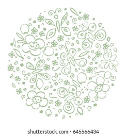 Decorative round shape of doodle elements: flowers, butterflies, petals, blotches, scrolls, swirls, leaves. Vector abstract background