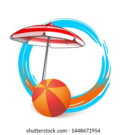 Decorative round summer frame with free space for text. Round summer banner with colored rubber ball and beach umbrella. Vector illustration