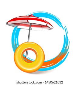 Decorative round summer frame with free space for text. Round summer banner with yellow rubber ring buoy and beach umbrella. Vector illustration
