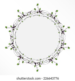 Decorative round template with wreath of oak branches isolated on white. Vector design element.