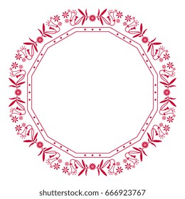 Decorative round vignette frame with delicate floral wreaths. Red on white background.