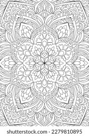 Decorative rounded mandala coloring book page illustration