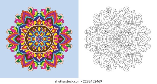 Decorative rounded mandala coloring book page illustration