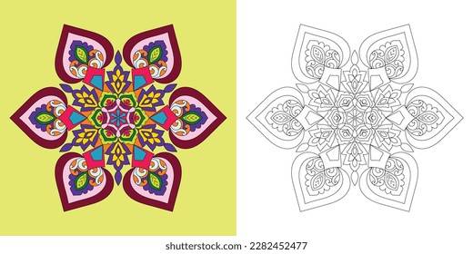 Decorative rounded mandala coloring book page illustration