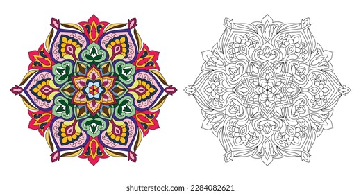 Decorative rounded mandala coloring book page illustration